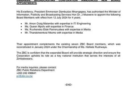 Minister Muswere appoints 4 new ZBC board members